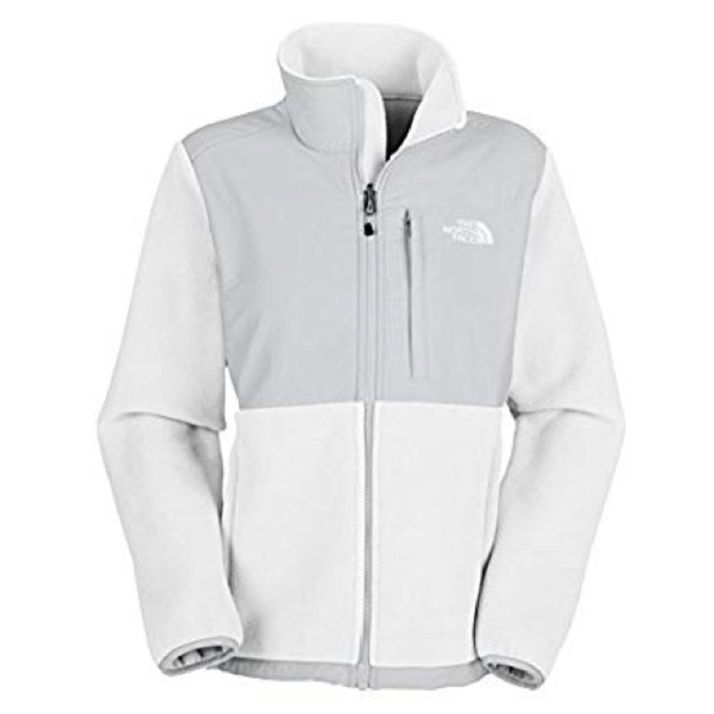 White and gray north face Denali jacket
